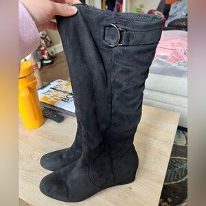 Black Suede Knee High Heeled Boots with belt in back. Great condition. Size 9